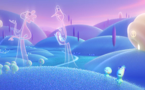 HD wallpaper of 'Soul' (2024) movie featuring whimsical characters in a colorful, ethereal animation landscape.