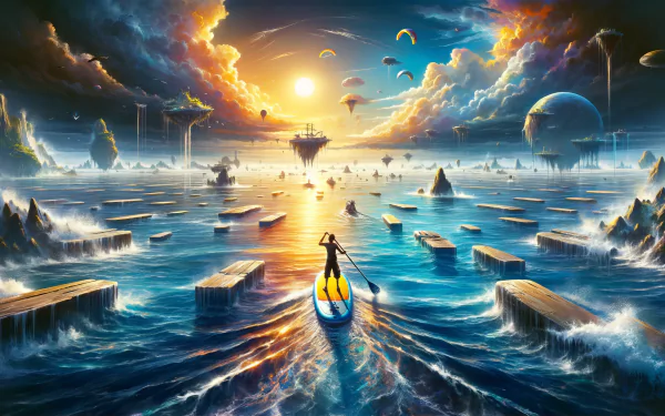 HD wallpaper featuring a paddleboarder on a surreal ocean with cascading waterfalls, planets, and a vibrant sunset.