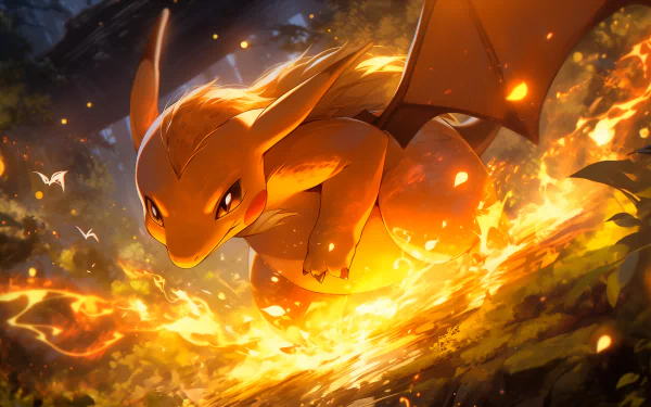 HD wallpaper featuring Charizard from Pokémon, showcasing the powerful fire-type anime creature surrounded by flames in a dynamic pose for a vibrant desktop background.