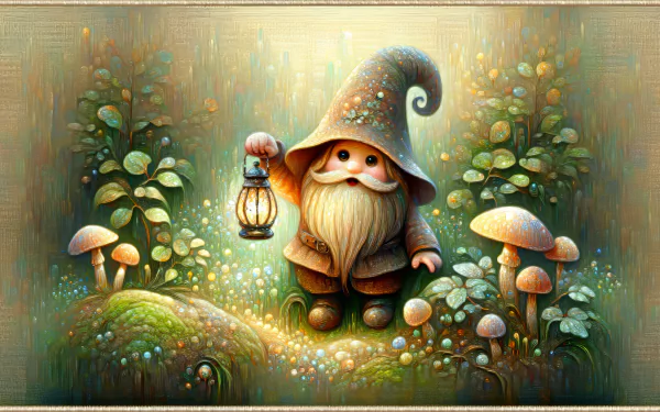 HD desktop wallpaper featuring a whimsical gnome with a lantern amongst mushrooms and greenery.