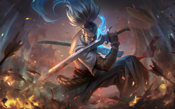 HD desktop wallpaper of Yasuo from League of Legends, depicted mid-battle with his sword among dynamic flames.