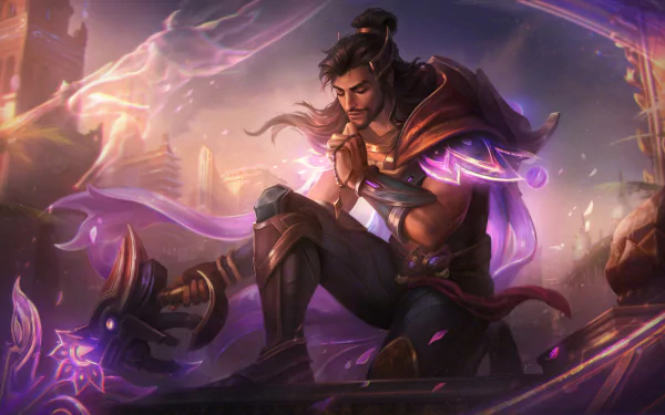 HD wallpaper of Akshan from League of Legends, featuring the champion in a dynamic pose with a mystical purple aura, perfect for desktop background.