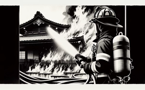 Firefighter spraying water on fire at traditional building, HD black and white desktop wallpaper.
