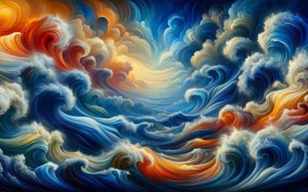 Abstract wave-patterned HD desktop wallpaper with dynamic blue and orange swirls evoking the sea.