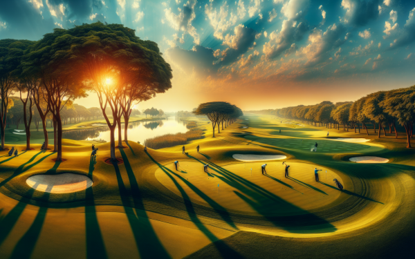 HD wallpaper of a serene golf course at sunset with stunning tree shadows and vibrant sky.