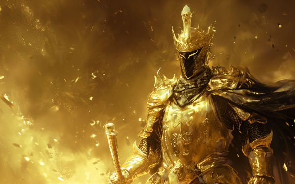 HD wallpaper of a majestic golden armored king with crown and sword for desktop background.