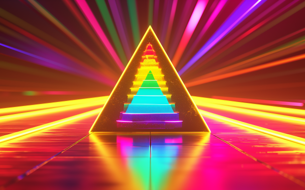 HD wallpaper of a glowing neon pyramid prism with colorful light rays, perfect for a vibrant desktop background.