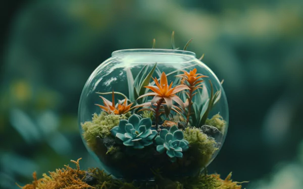 HD wallpaper of a serene glass terrarium featuring lush succulents and vibrant orange flowers, set against a soft-focus green background for a tranquil desktop background.