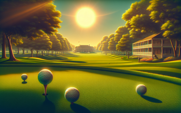 HD desktop wallpaper featuring a serene golf course with golf balls on the tee, lush trees, and a clubhouse against a backdrop of a radiant sunset.