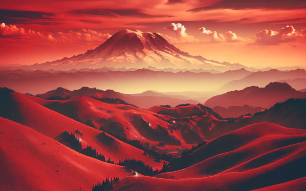 A breathtaking HD wallpaper of Mount Rainier at sunset, showcasing vibrant red hues over rolling hills and a dramatic mountainous backdrop.
