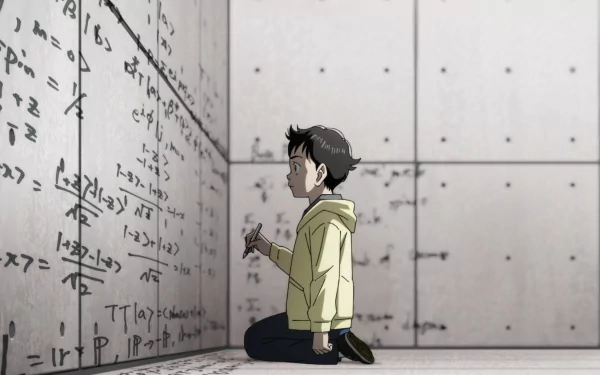 Anime character from Pluto 2023 contemplating equations on chalkboard - HD anime wallpaper