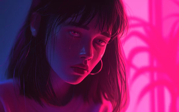 A poignant HD desktop wallpaper featuring a sad lofi girl, illuminated by vibrant pink and blue hues, capturing a moment of deep emotion and reflection.