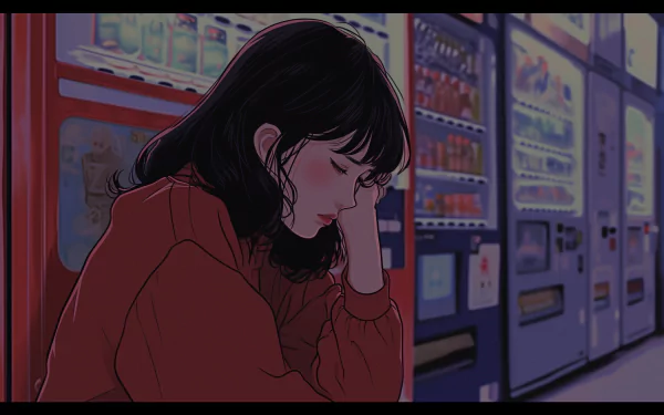 HD wallpaper featuring a melancholic lofi girl leaning on her hand in front of a vending machine, exuding a reflective mood.