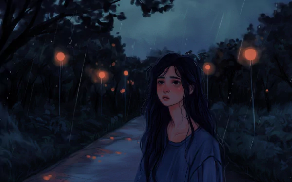 HD wallpaper of a sad lofi girl standing on a rainy path with glowing lamps at twilight.