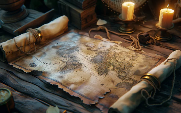 HD desktop wallpaper featuring a detailed treasure map with a vintage aesthetic, surrounded by lit candles, creating a warm and adventurous atmosphere.