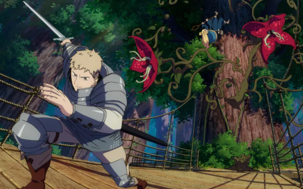 An exciting HD wallpaper featuring Laios Touden from Delicious in Dungeon, showcasing a dynamic scene with vibrant plants and action-packed visuals.