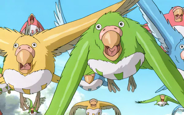 Anime style HD desktop wallpaper featuring a flock of vibrant, flying green parrots against a blue sky background, tagged with The Boy and the Heron.