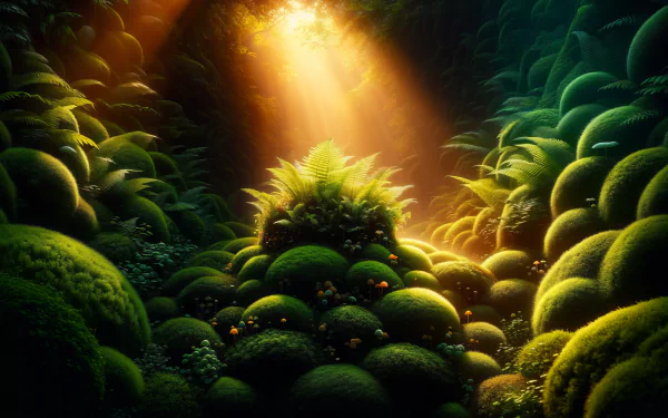 Sunlight streaming through a lush moss garden in an HD desktop wallpaper and background image.