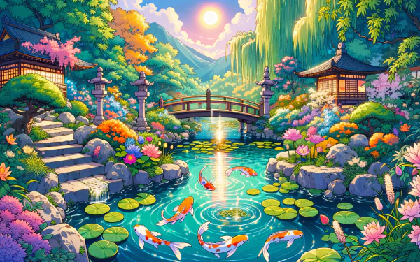 A serene water garden scene with koi swimming among lily pads, vibrant flowers, and traditional architecture under a glowing sunset, creating a tranquil HD wallpaper.