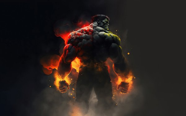 HD wallpaper featuring an artistic depiction of the Hulk from the comics, surrounded by dramatic flames and smoke, ideal for a desktop background.