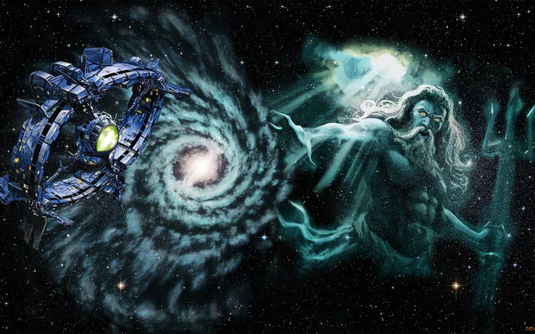 A vibrant HD desktop wallpaper from the anime Ulysses 31, featuring a cosmic scene with a swirling galaxy and a powerful figure reminiscent of a mythological god.
