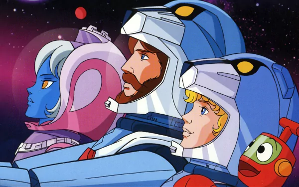 Ulysses 31 anime characters in space suits against a starry background, HD desktop wallpaper.