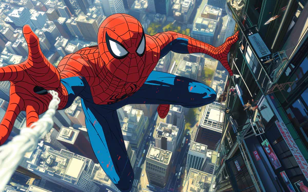 High-resolution Spider-Man wallpaper depicting the superhero swinging through a cityscape for desktop background.