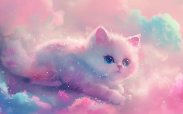 A HD desktop wallpaper featuring a cute, fluffy cat with big eyes amongst dreamy pink and blue clouds.