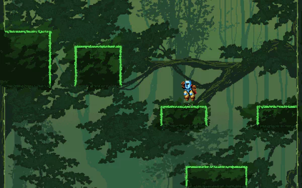 Jump King game character navigating the green-tinted platforms among digital trees in an HD desktop wallpaper.