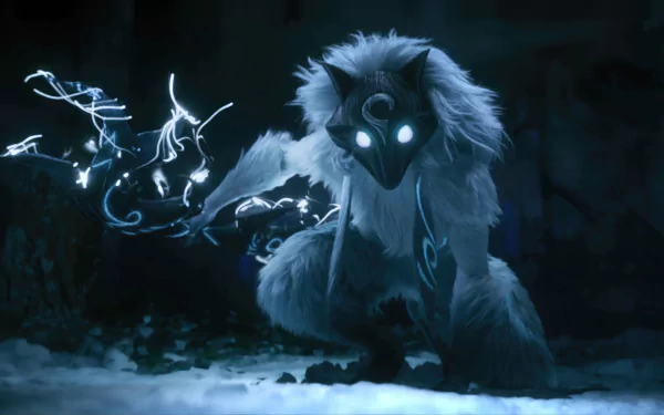 HD desktop wallpaper featuring Kindred from League of Legends in a mystical, wintry forest setting.