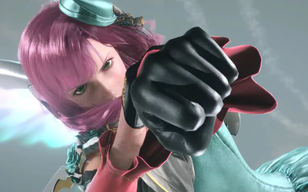 Alisa Bosconovitch from Tekken 8 striking a dynamic pose, featuring her signature pink hair and stylish outfit, set against an atmospheric backdrop in this HD desktop wallpaper.