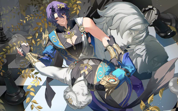 A vibrant HD wallpaper featuring Dr. Ratio from Honkai: Star Rail, showcasing dynamic poses against a stylized chessboard backdrop adorned with golden leaves.