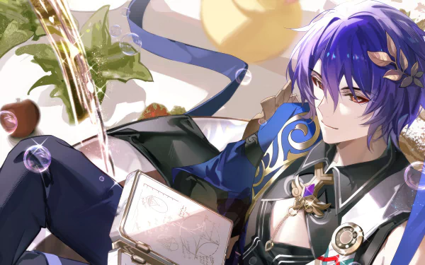 HD desktop wallpaper featuring Dr. Ratio from the video game Honkai: Star Rail, depicting a character with purple hair relaxing amidst vibrant nature and whimsical elements.