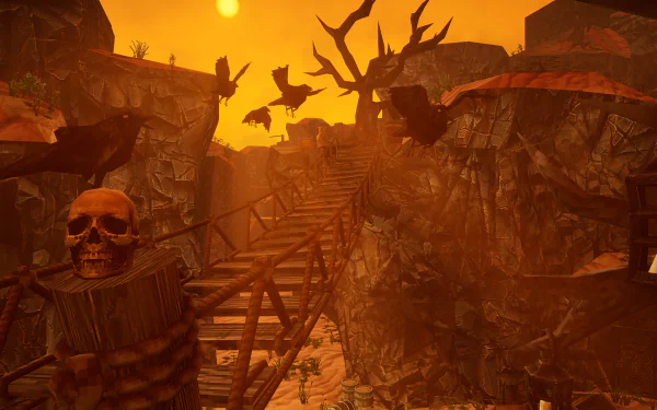 HD wallpaper of Graven video game featuring a haunting bridge with skulls in an eerie, sunset-lit landscape.