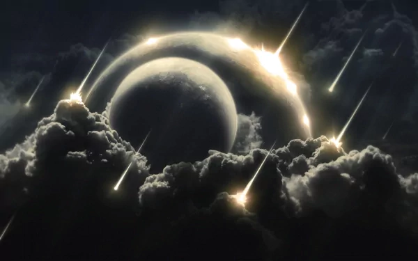 Sci-fi HD desktop wallpaper featuring a dramatic space collision scene with celestial bodies and bright meteor showers among dark, billowing clouds.