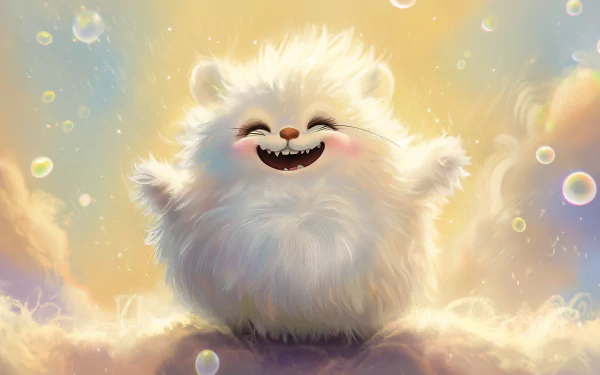 A cute and fluffy creature joyfully smiles, surrounded by soft clouds and bubbles, creating an enchanting HD desktop wallpaper and background.