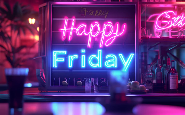 A vibrant HD desktop wallpaper featuring a neon sign that reads Happy Friday, set against a softly lit bar background, creating a festive and cheerful atmosphere.