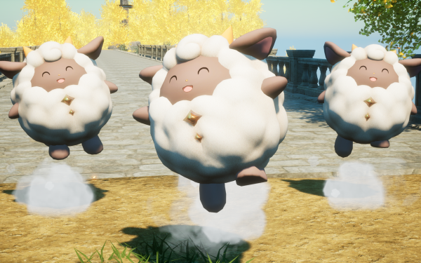 HD wallpaper featuring three fluffy creatures from the video game Palworld as desktop background.