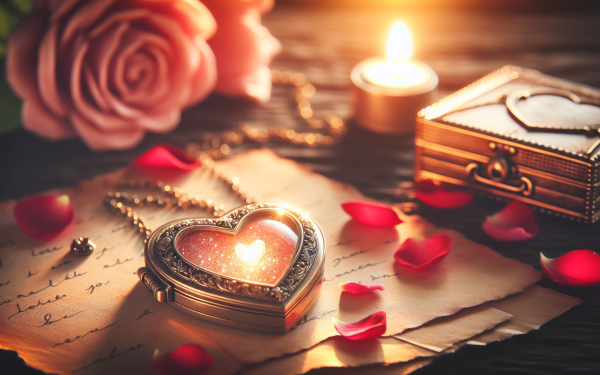 Romantic Valentine's Day themed HD desktop wallpaper featuring a heart-shaped locket, rose petals, a lit candle, and a vintage love letter.