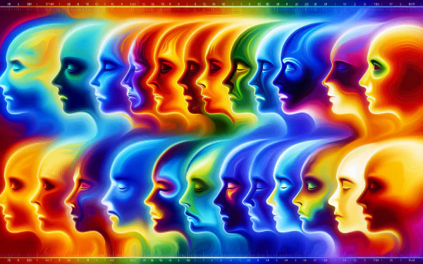 Colorful HD desktop wallpaper featuring a repeated pattern of abstract human face profiles expressing a range of emotions.