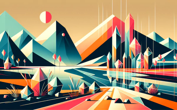 Colorful abstract geometric landscape HD wallpaper with mountains, lakes, and futuristic city elements for desktop background.