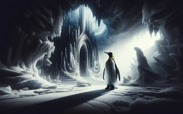 A serene emperor penguin stands amidst an icy cavern adorned with crystalline structures, illuminated by soft light, creating a captivating HD wallpaper background.