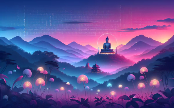 A serene digital landscape featuring a Buddha statue amid vibrant mountains and glowing flowers, embodying themes of Buddhism in stunning HD quality.