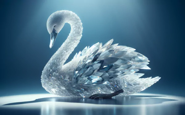 Elegant crystal trumpeter swan on a serene blue background, HD wallpaper.