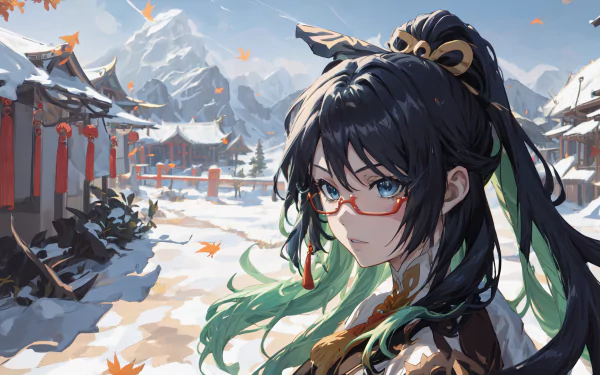 HD desktop wallpaper featuring a character from Genshin Impact video game set against a snowy mountain backdrop with traditional architecture.