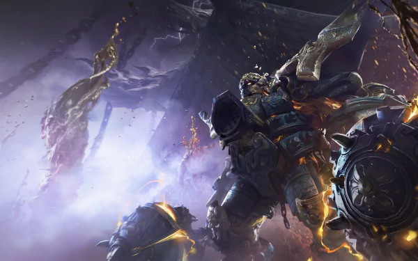 HD Wallpaper of armored warrior from Naraka: Bladepoint video game with dynamic action pose for desktop background.