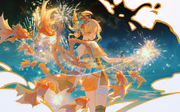 4K Ultra HD PC desktop wallpaper featuring Yoimiya from Genshin Impact surrounded by glowing goldfish and vibrant, fiery effects.