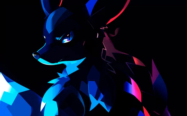 HD desktop wallpaper featuring the Pokémon Lucario in a modern, abstract art style with vibrant blue and black colors.