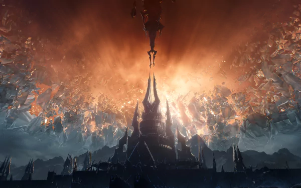 A dramatic HD desktop wallpaper from World of Warcraft: Shadowlands, featuring a towering castle against a fiery sky, evoking a sense of grandeur and mystery.