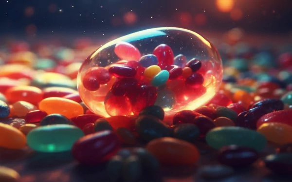 A vibrant HD wallpaper featuring a clear orb filled with colorful jelly beans, surrounded by a colorful array of jelly beans, creating a playful and sweet atmosphere.